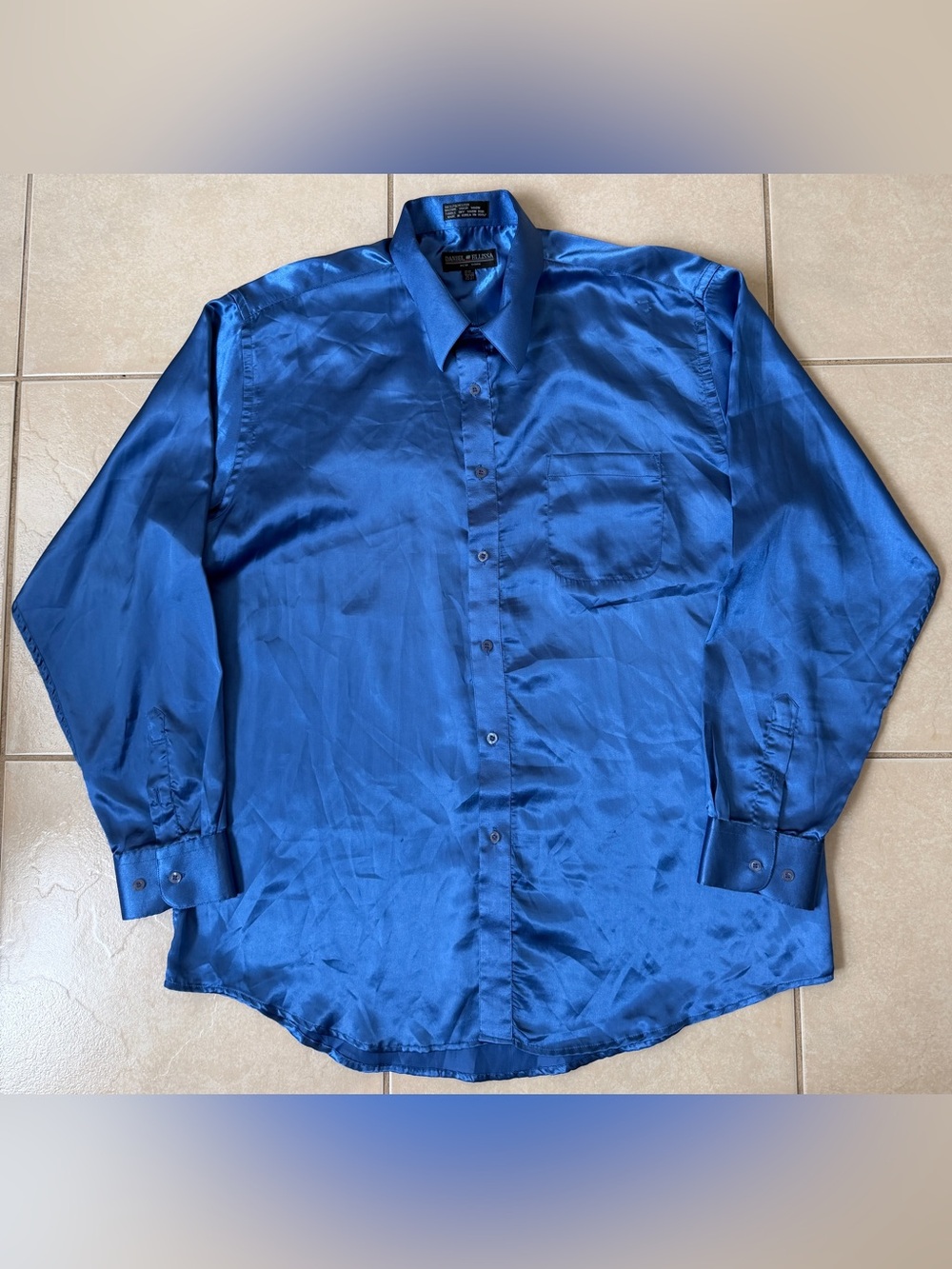 Daniel Ellissa Men's Royal Blue Satin Dress Shirt Shiny Silky Sz 17-17.5 36/37